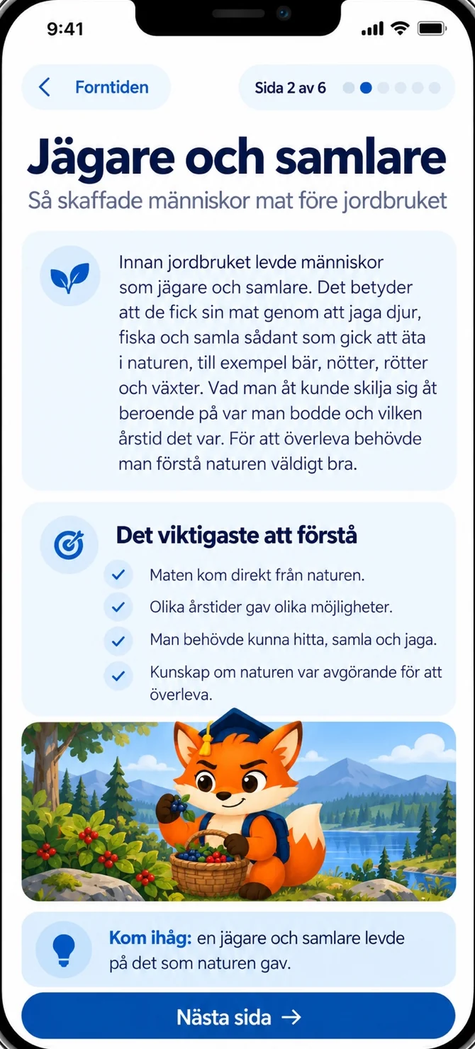 Plugga-sidan Jägare och samlare med förklaring, det viktigaste att förstå och knappen Nästa sida